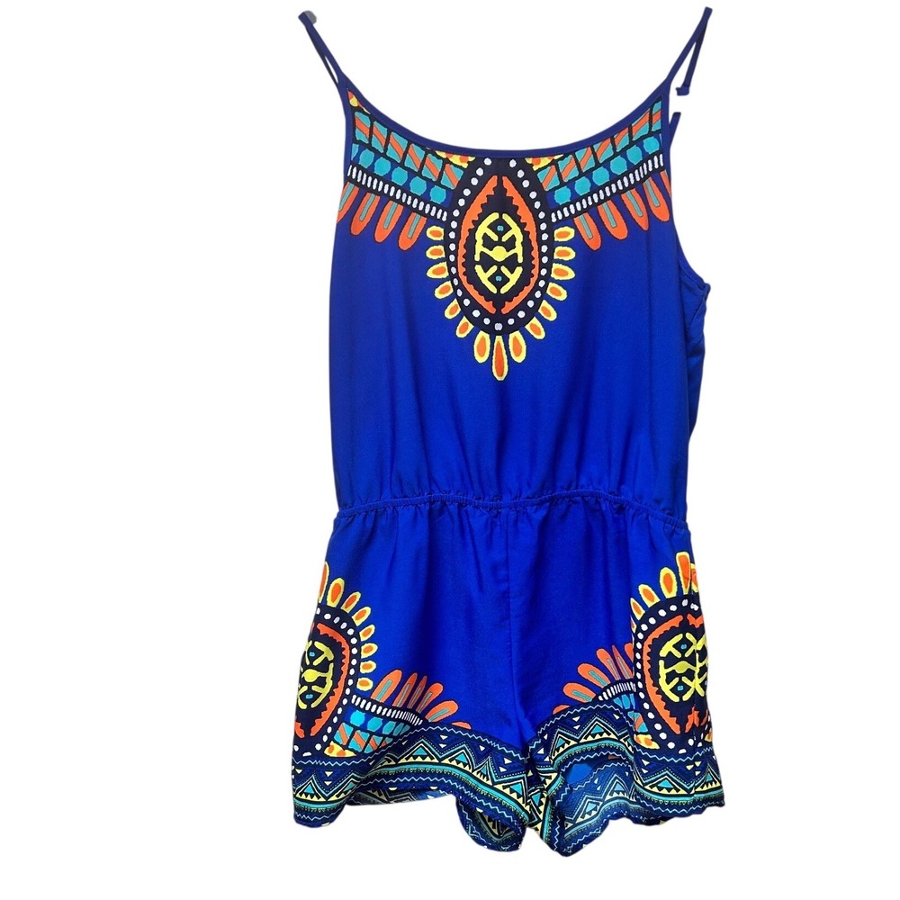 Sweet Wanderer Blue Dashiki Print Romper Boho Spaghetti Strap Womens Medium - Picture 2 of 6